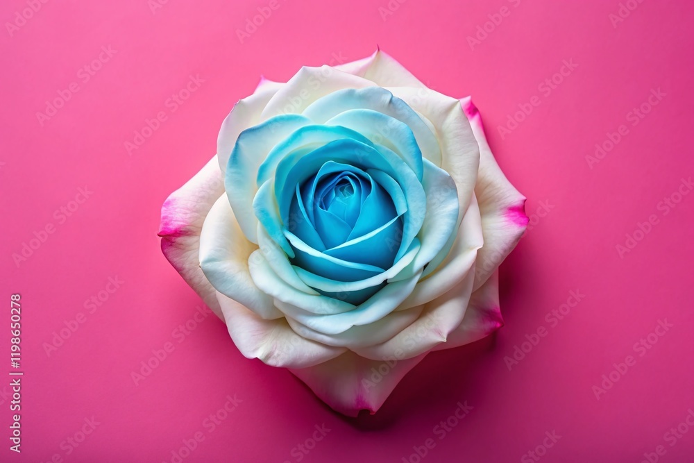 Minimalist Top View of Large White Rose with Blue Edges on Pink Minimalist Top View of Large White Rose with Blue Edges on Pink