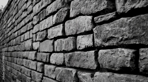 A close-up view of a textured stone wall in black and white, showcasing the intricate patterns and arrangements of the stones.