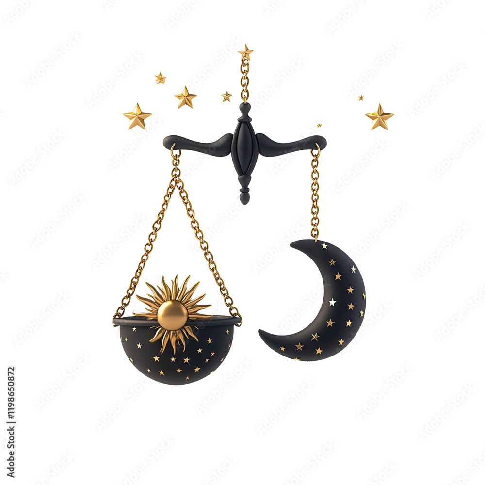 Celestial balance scale with sun and moon transparent background digital art mystical environment artistic viewpoint