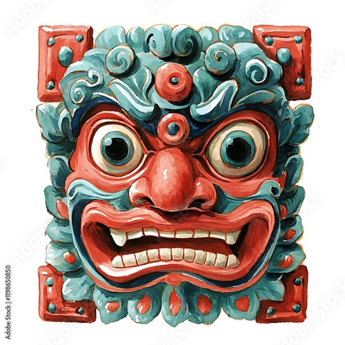 Vibrant Watercolor Painting of a Traditional Asian Mask with Intricate Details. photo