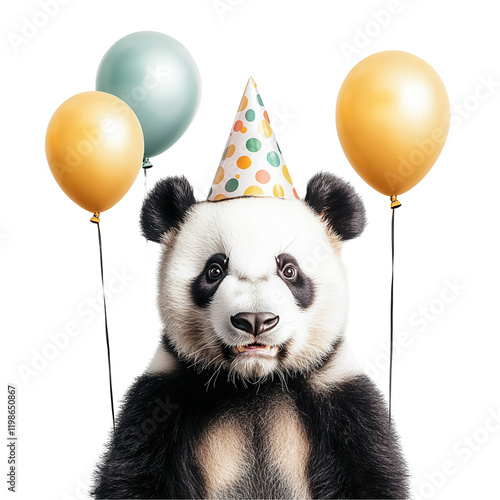 Panda celebrating birthday with balloons transparent background fun party scene joyful atmosphere photo