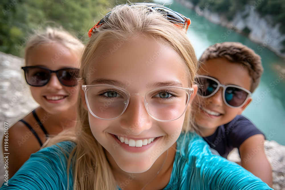 Three Happy Kids Smile for Selfie by Tranquil Turquoise Water with Sunglasses and Glasses Three Happy Kids Smile for Selfie by Tranquil Turquoise Water with Sunglasses and Glasses
