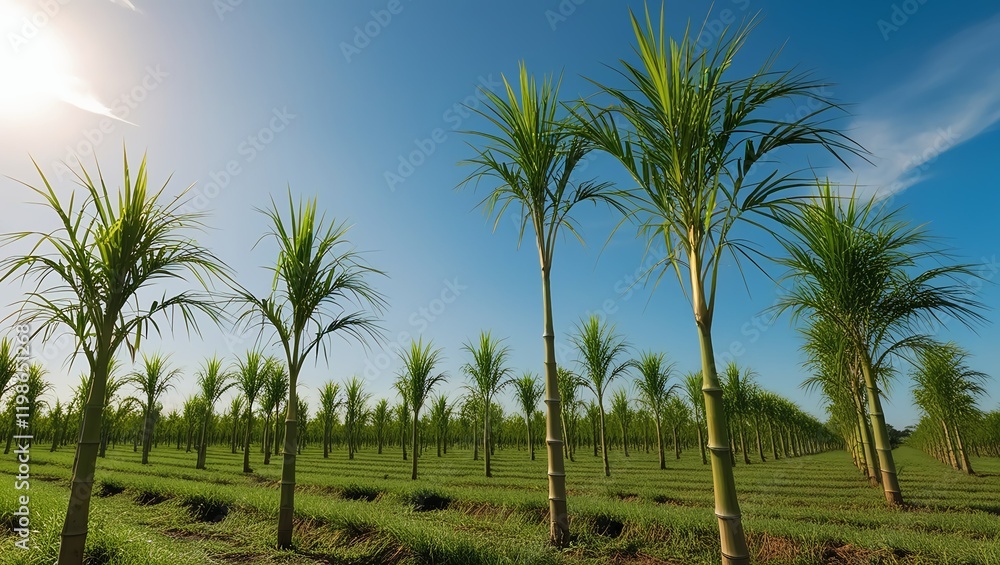 A vast, rolling green sugarcane field, with tall, healthy stalks swaying gently in the soft, warm breeze, set against a bright blue sky with only a few wispy, white clouds, where the sun shines down A vast, rolling green sugarcane field, with tall, healthy stalks swaying gently in the soft, warm breeze, set against a bright blue sky with only a few wispy, white clouds, where the sun shines down