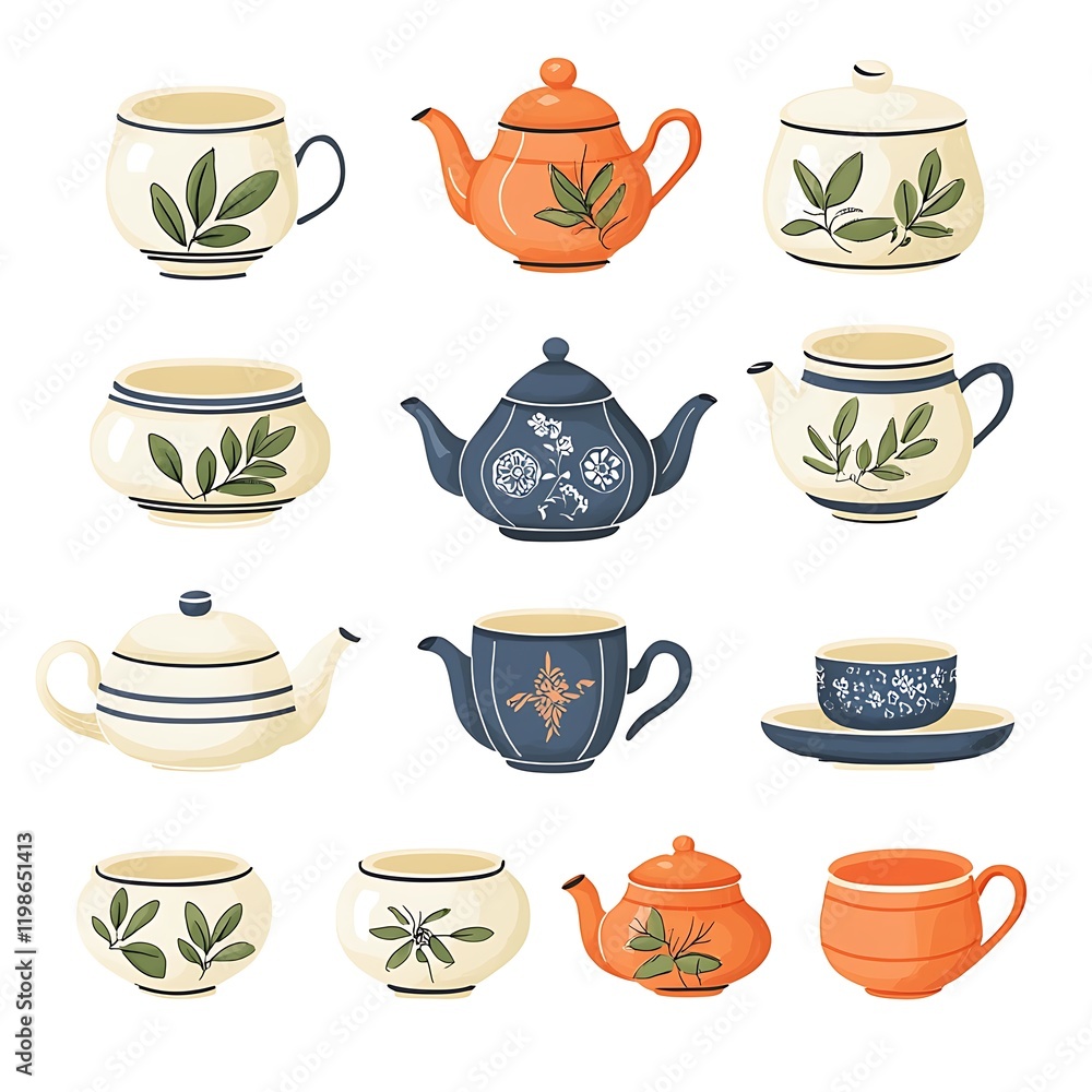 A Collection of Charming Teacups and Teapots with Delicate Floral and Leaf Designs. A Collection of Charming Teacups and Teapots with Delicate Floral and Leaf Designs.