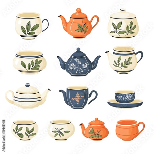 Wallpaper Mural A Collection of Charming Teacups and Teapots with Delicate Floral and Leaf Designs. Torontodigital.ca