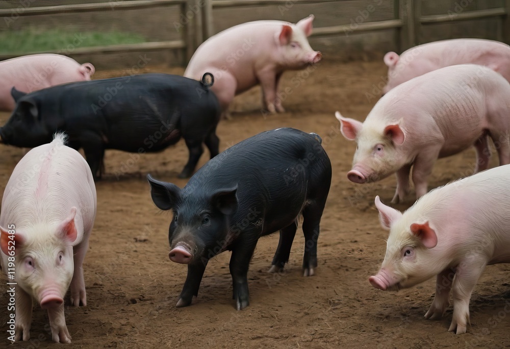 Pigs are standing together in a barn, looking at the camera Pigs are standing together in a barn, looking at the camera
