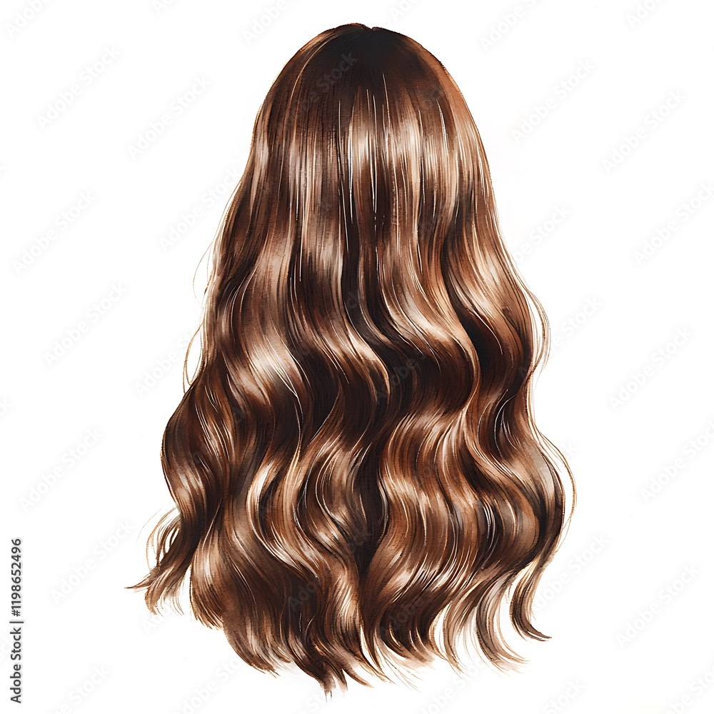 Naklejka premium Watercolor illustration of long, wavy brown hair viewed from behind.