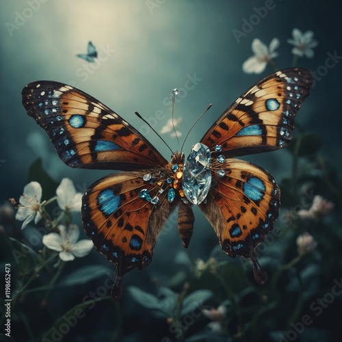 A surreal illustration of a butterfly with jewel-like wings.