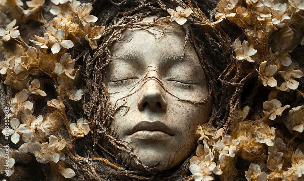 Serene face nestled in roots and flowers Serene face nestled in roots and flowers