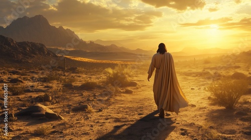 Jesus walks at dawn through the desert, bathed in the soft golden light of sunrise, surrounded by endless sand dunes and a serene atmosphere, embodying hope, faith, and spiritual reflection   photo