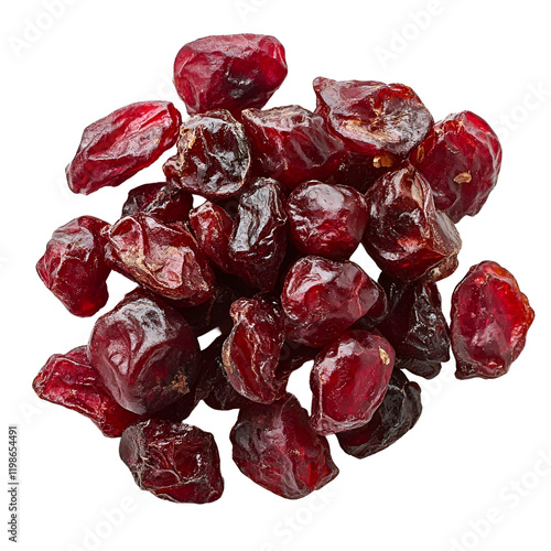 Top view close-up of a single dried cranberry piece isolated on a white transparent background
 photo