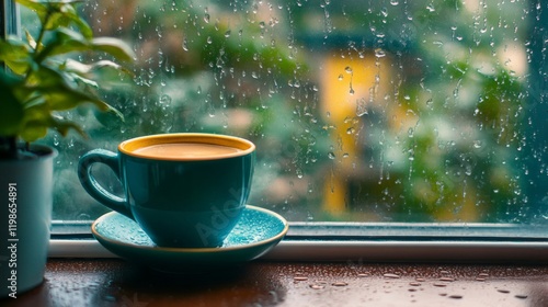 A cup of coffee on a windowsill during a rainy day