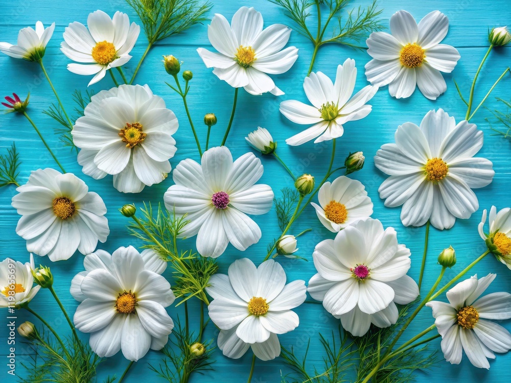 Fototapeta premium Panoramic Spring Cosmos Flowers, White Cosmos Blue Background, Summer Floral Flat Lay, Top View, Copy Space