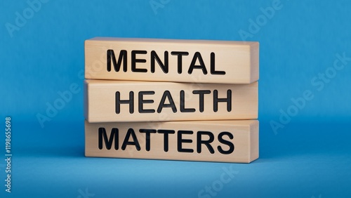Mental Health Matters symbol. Concept words Mental Health Matters on wooden blocks.Healthcare and Mental Health Matters concept. Copy space.3D rendering on blue background.