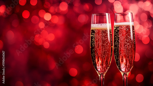 Two champagne glasses on sparkling red bokeh background Valentine's day dinner invitation  party ai generative