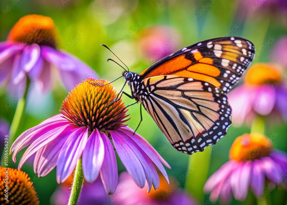Monarch Butterfly on Purple Coneflower - Summer Meadow Stock Photo Monarch Butterfly on Purple Coneflower - Summer Meadow Stock Photo