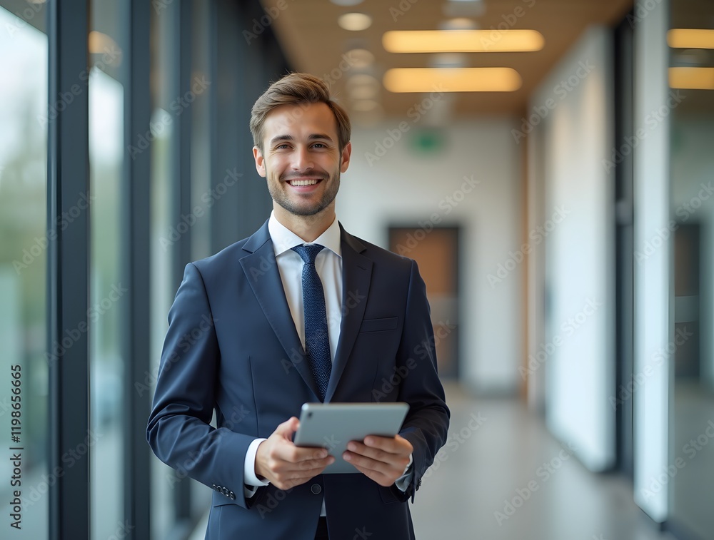 Confident young professional dressed smartly, smiling and holding a tablet, standing in a modern office hallway with natural lighting, representing leadership and innovation in a business environment Confident young professional dressed smartly, smiling and holding a tablet, standing in a modern office hallway with natural lighting, representing leadership and innovation in a business environment