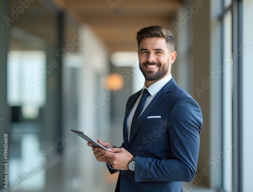 Confident young professional dressed smartly, smiling and holding a tablet, standing in a modern office hallway with natural lighting, representing leadership and innovation in a business environment