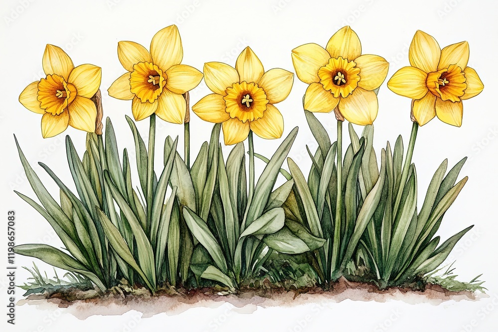 custom made wallpaper toronto digitalA watercolor illustration of vibrant yellow daffodils surrounded by green leaves.
