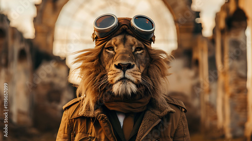 A lion standing between the ruins and wearing goggles and a lovely hat and brown jacket photo