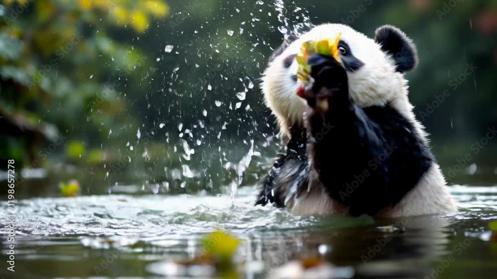Playful Panda Enjoying a Rainy Day in a Tranquil Lake Setting Playful Panda Enjoying a Rainy Day in a Tranquil Lake Setting