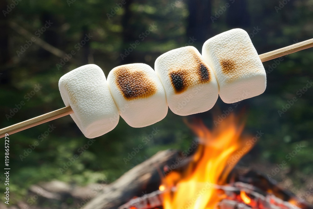 Marshmallows roasting over an open fire, with a blurred forest background, highlighting the warmth of a campfire experience. Marshmallows roasting over an open fire, with a blurred forest background, highlighting the warmth of a campfire experience.