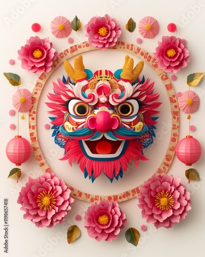 Colorful Chinese New Year celebration with festive decorations and joyful illustrations photo