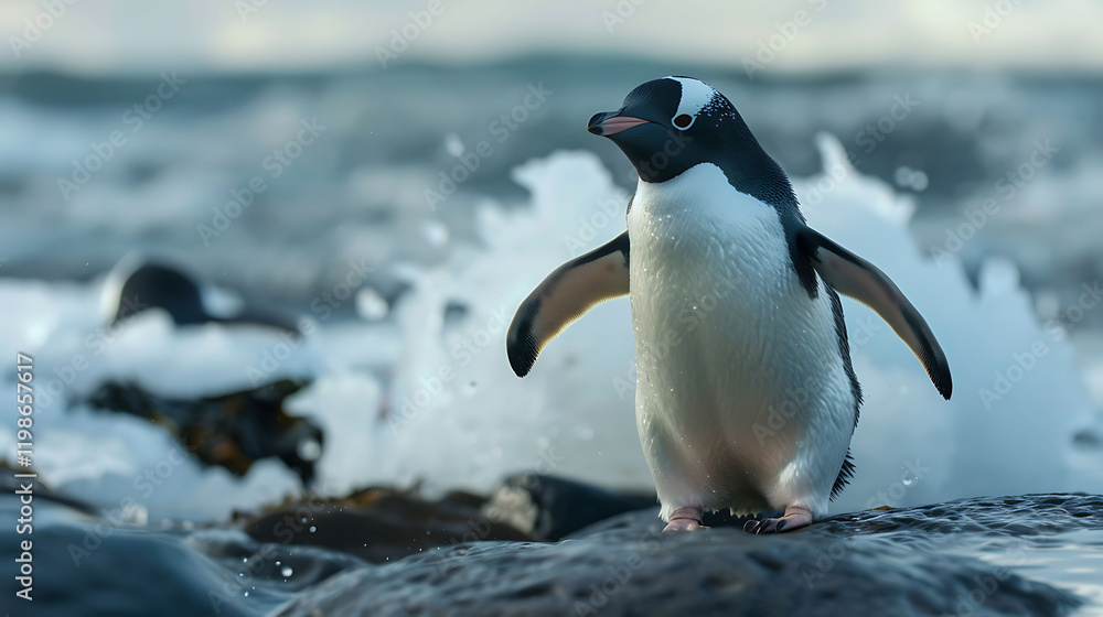 Naklejka premium A lovable penguin in a freezing seaside area provides employment options