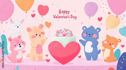 Cute animals holding love balloons, Valentine's Day illustration