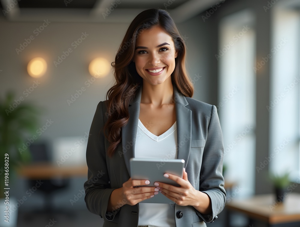 Portrait of young Hispanic professional business woman standing in office. Happy female company executive, smiling businesswoman entrepreneur corporate leader manager looking at camera using tablet Portrait of young Hispanic professional business woman standing in office. Happy female company executive, smiling businesswoman entrepreneur corporate leader manager looking at camera using tablet