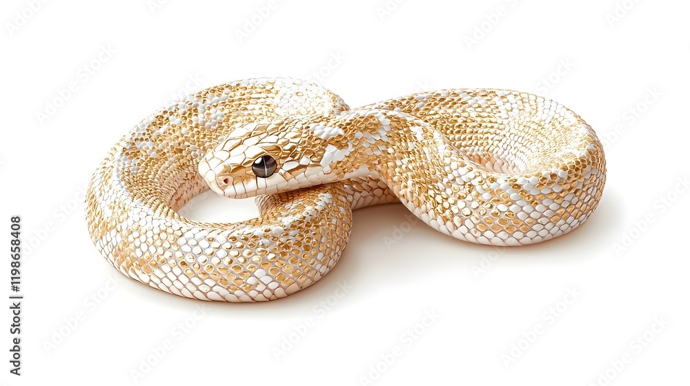 Fototapeta premium Elegant Coiled Snake with Intricate Golden Scales on Serene White Background