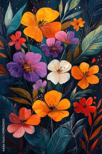 Vibrant floral painting, dark background, impasto style.