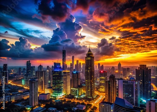 Mysterious City Skyline Silhouette at Nightfall - Dramatic Urban Night Photography