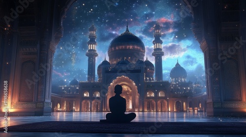 Person Meditating Before a Luminous Mosque Under a Starry Night photo