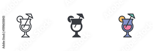 Pina Colada cocktail with straw and umbrella different style icon set