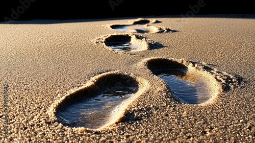 Footprints filled with water lead across sandy beach photo