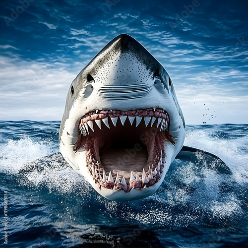 A Great White Shark Opens Its Jaws Aggressively in the Deep Blue Ocean photo