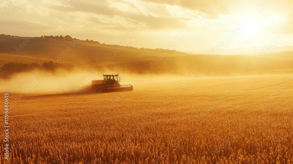 Fototapeta premium Farm machinery harvesting a golden wheat field on a sunny day with dust rising in the air