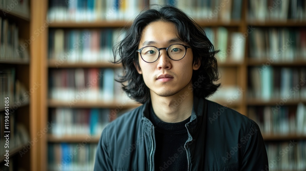 Artistic shot of an Asian student in a library, blending thoughtful composition with academic themes. Artistic shot of an Asian student in a library, blending thoughtful composition with academic themes.