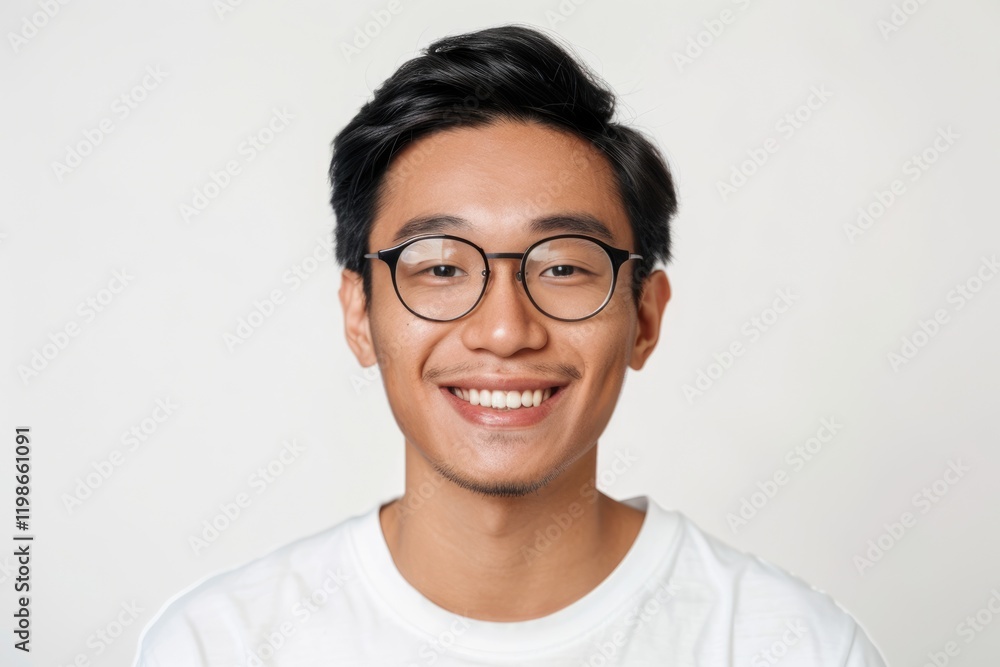 Fototapeta premium Close up portrait of attractive Asian man smiling on white background.