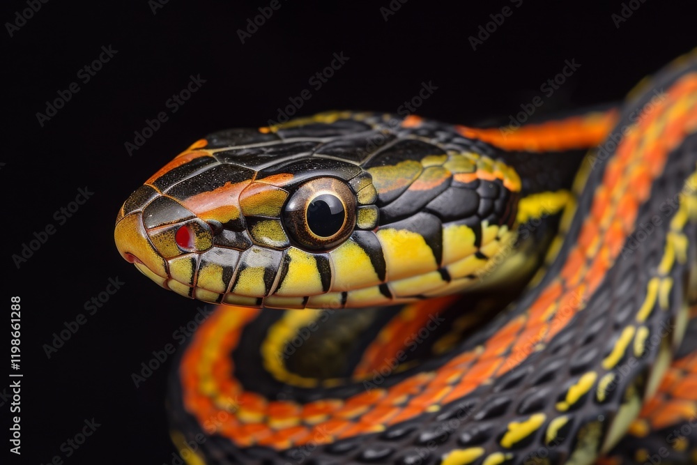 Fototapeta premium San Francisco garter snake Thamnophis sirtalis te displaying vibrant colors and intricate patterns during a close-up view, showcasing its unique features and stunning appearance