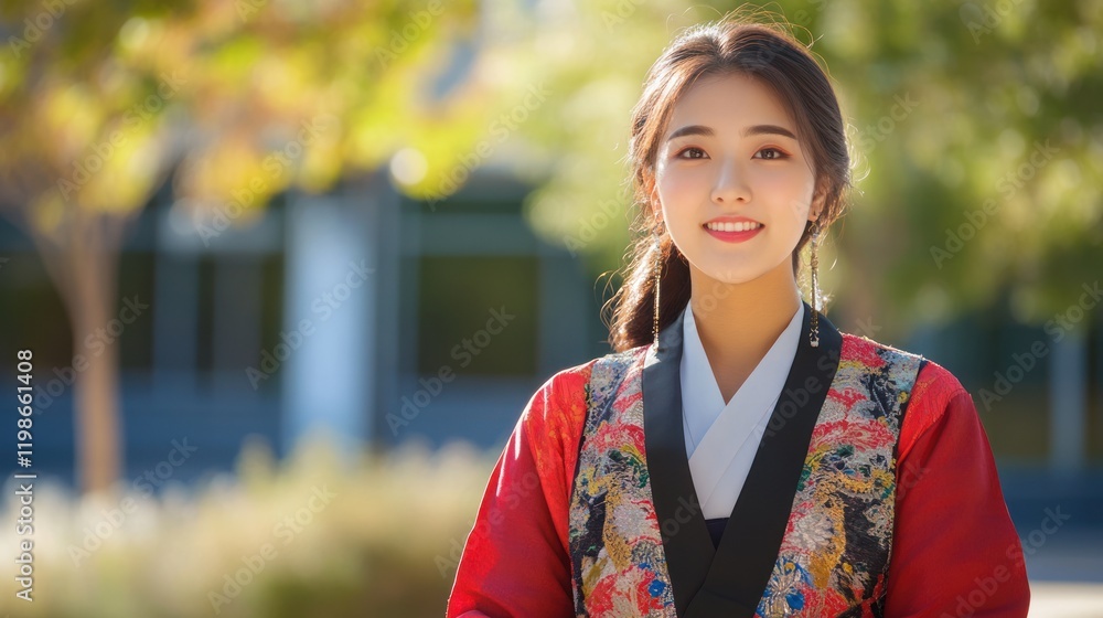 Asian college student in traditional attire on a modern campus, blending heritage with contemporary education. Asian college student in traditional attire on a modern campus, blending heritage with contemporary education.
