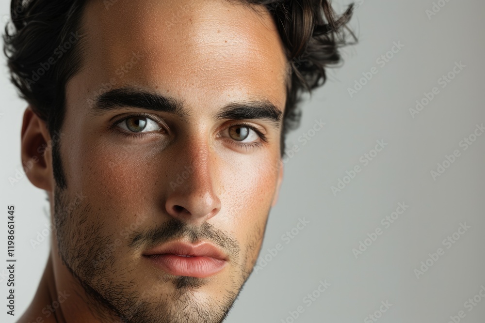 Fototapeta premium Serious young man posing for close up portrait on grey background.