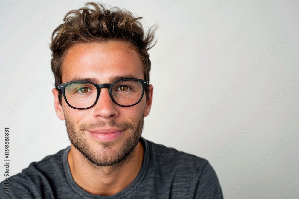 Handsome guy in glasses smiling at camera over white background Handsome guy in glasses smiling at camera over white background
