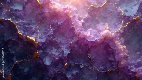 Polished Amethyst Background with Golden Veins and Glowing Edge Diffusion