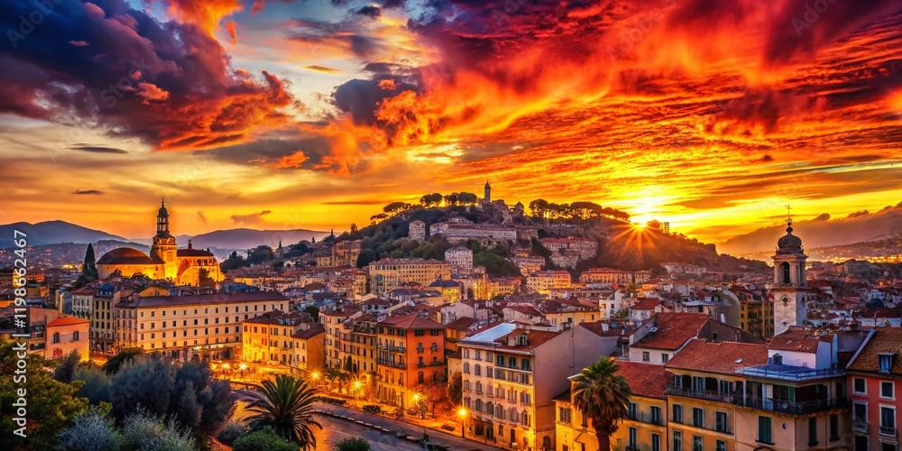 Obraz premium Nice France Sunset Double Exposure: Cityscape & Sky Silhouette