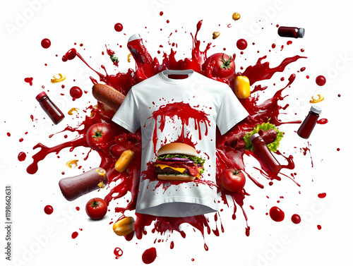 White T-shirt splattered with red sauce, food creatively exploding around the shirt, design concept. photo