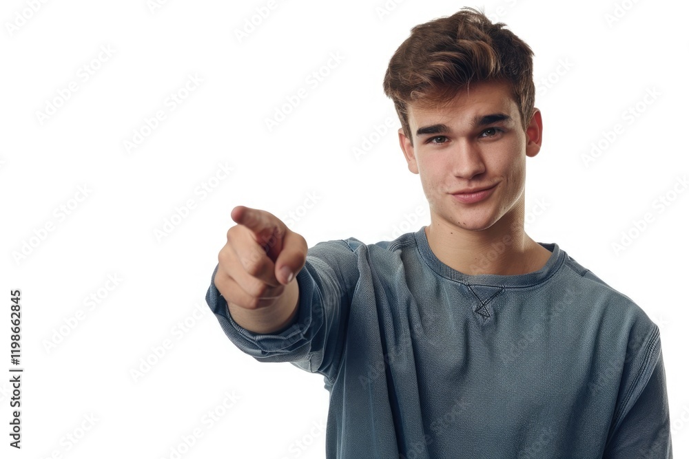 Caucasian businessman pointing at copy space on white background. Caucasian businessman pointing at copy space on white background.