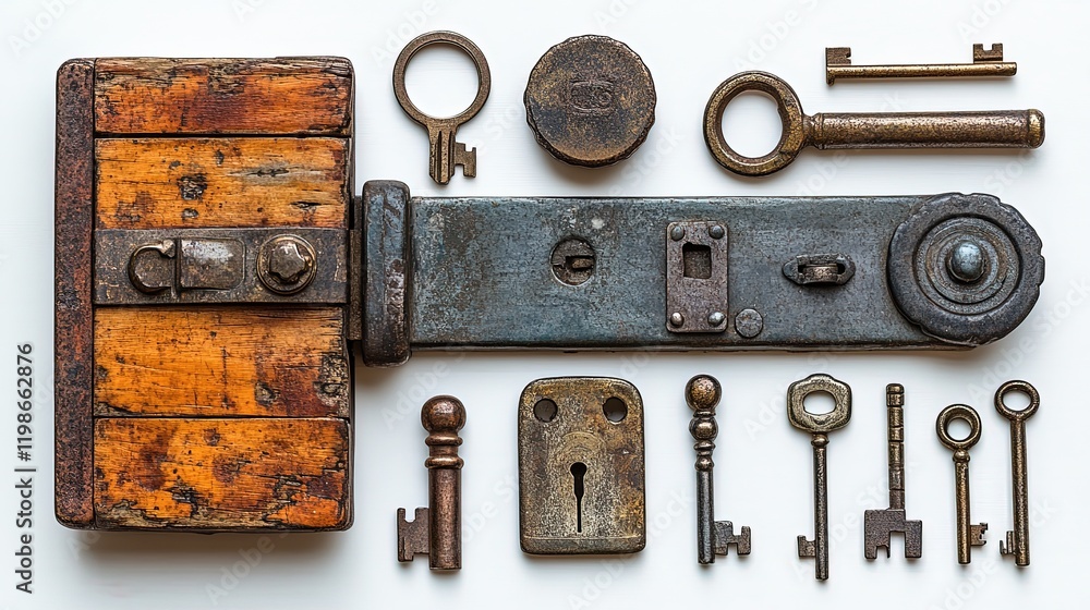 custom made wallpaper toronto digitalA collection of antique locks and keys arranged artistically on a white background.