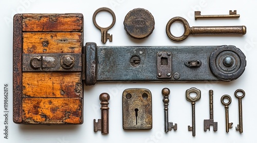 A collection of antique locks and keys arranged artistically on a white background.